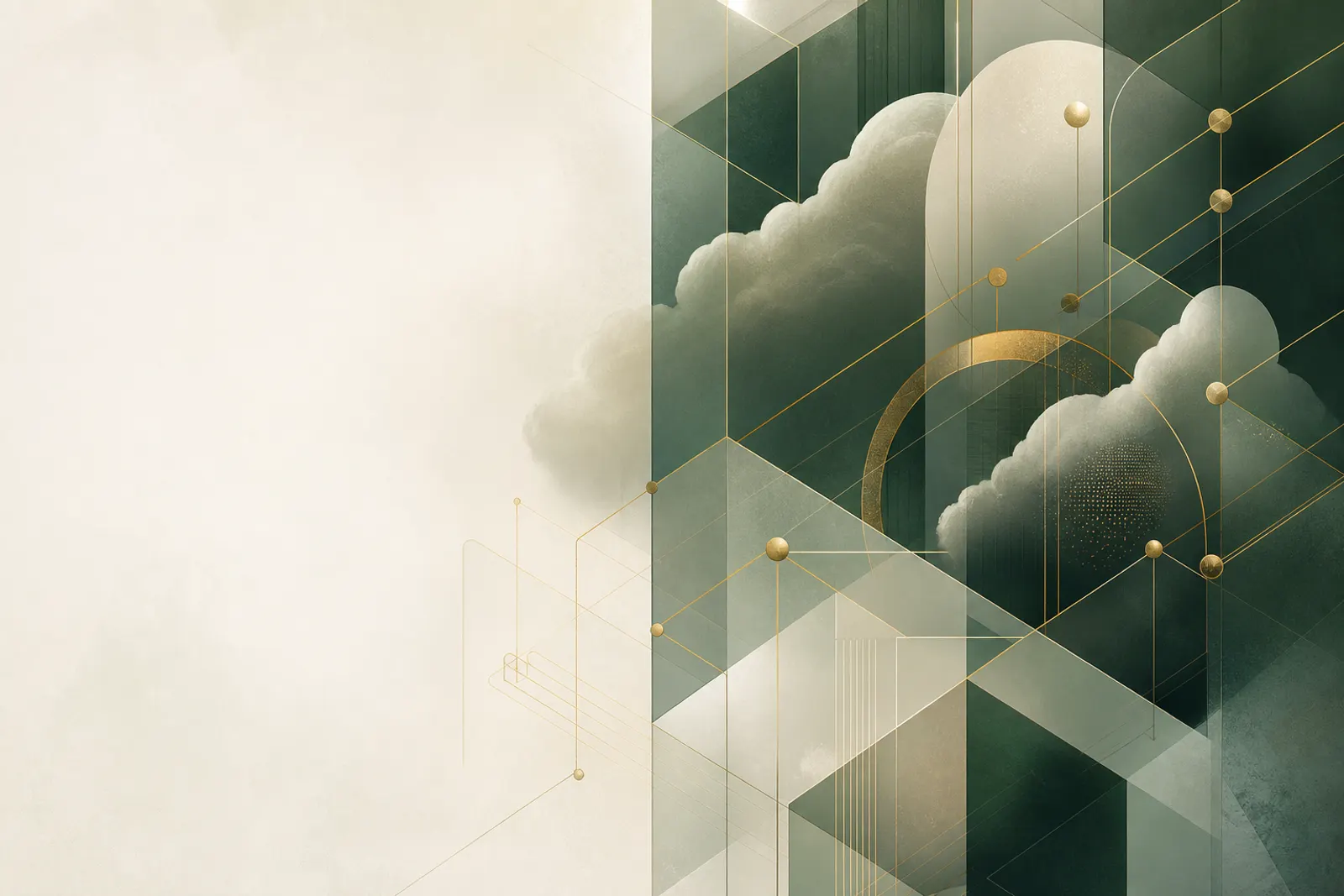 Abstract sage-and-cream composition of interconnected cloud and network forms