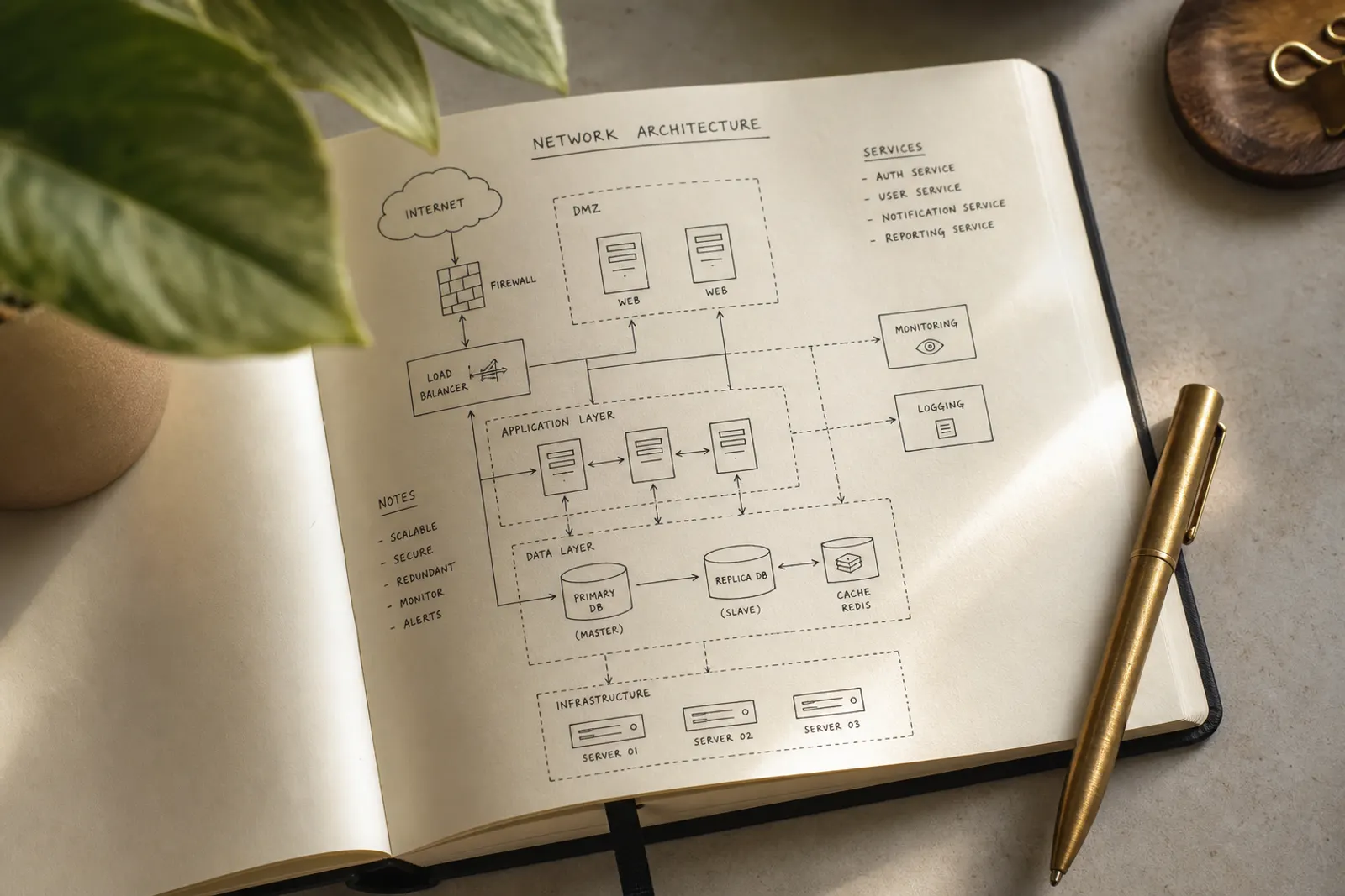 Hand-drawn network architecture diagram in a notebook